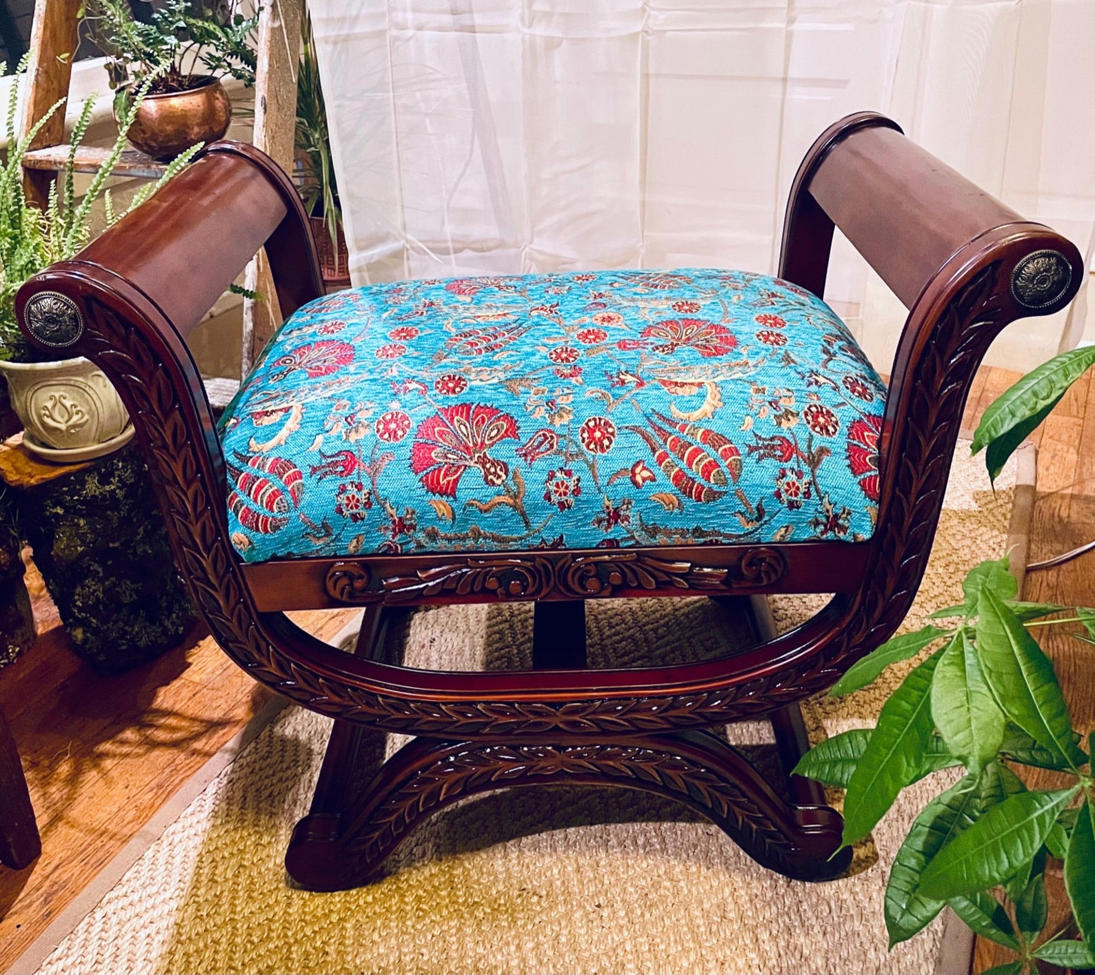 Eclectic carved bench with new Turkish upholstery and wood | Etsy