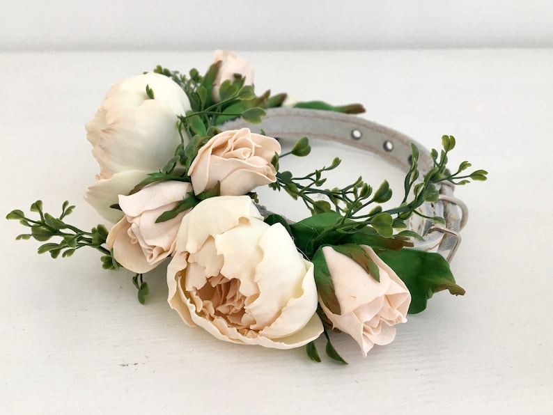 Wedding dog collar,Peony floral collar,ivory flower,leather,pet accessory,flower wedding dog collar,Peony wedding image 3