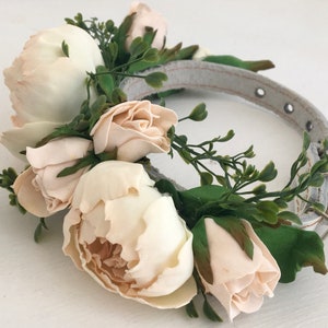 Wedding dog collar,Peony floral collar,ivory flower,leather,pet accessory,flower wedding dog collar,Peony wedding image 8