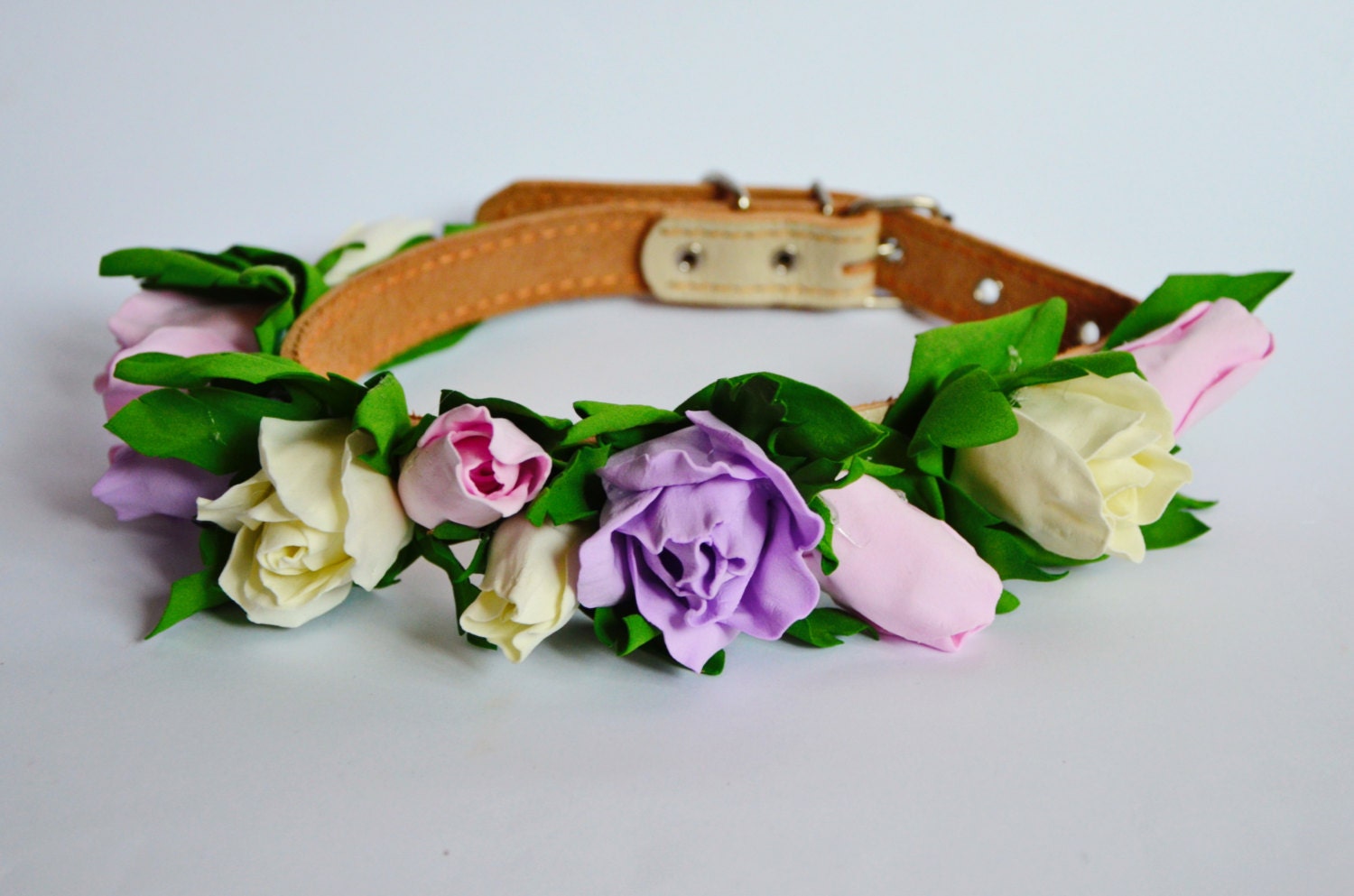 Rose de Mariage Collier Chien, Chien Fleur, Rose, Blanc Violette, Cuir Chien