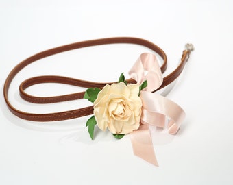 Leather dog leash,Wedding dog leah,Flower dog leash with satin ribbon