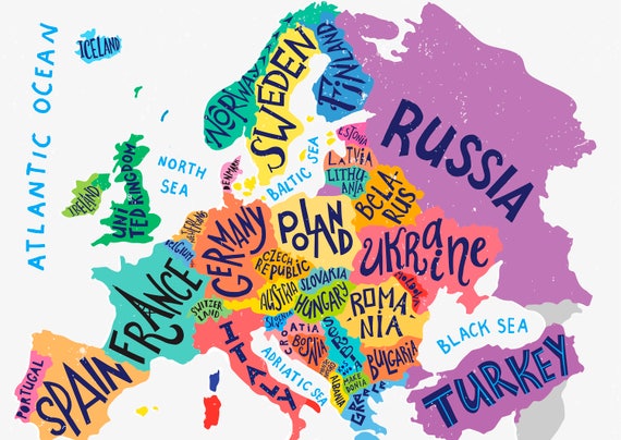 Karte Von Europa Kunst Druck Europa Poster Art Welt Karte Art Etsy