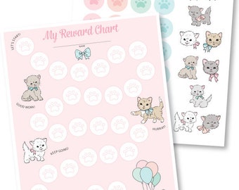 Kid's Printable Kitty REWARD CHART- Digital File Instant Download - responsibilities, tasks, daily habits, stickers, girls, good behavior
