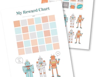 Kid's Printable Robot REWARD CHART- Digital File Instant Download - responsibilities, tasks, daily habits, stickers, boys, good behavior