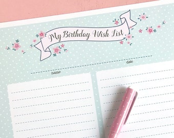 Birthday Wish List Printable- Instant PDF Download- little girl, kids journal, record, memory book, scrapbook, list, gifts, presents