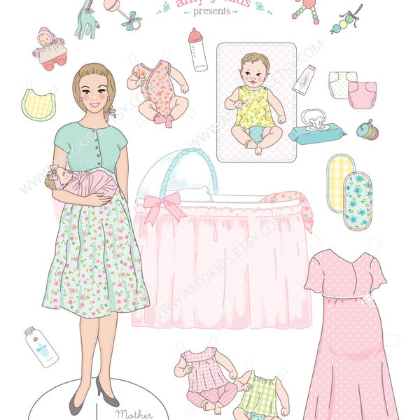 Printable New Baby Sister paper doll play set- pdf instant download- newborn, mom, mother, family, bassinet, pregnant, expecting, hand drawn