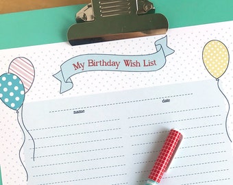 Birthday Wish List Printable- Instant PDF Download- kids journal, record, memory book, scrapbook, list, gifts, presents