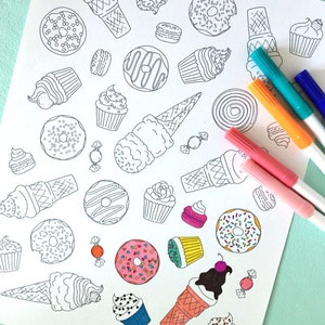 Printable SWEETS Coloring Page Digital File Instant Download donuts, ice cream cone, macaroon, candy, cupcake image 2