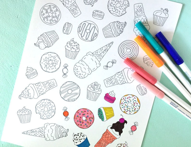 Printable SWEETS Coloring Page Digital File Instant Download donuts, ice cream cone, macaroon, candy, cupcake image 2