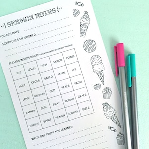 May include: A printable sermon notes page with a bingo game featuring religious words like "joy", "love", "faith", and "grace". The page is decorated with ice cream cones and cupcakes.