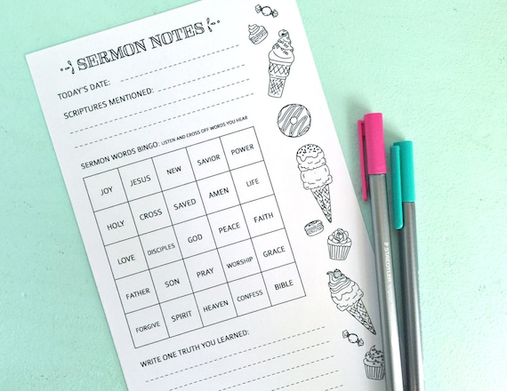 Kid's Printable SERMON NOTES- Digital File Instant Download - with bingo, coloring, boys and girls