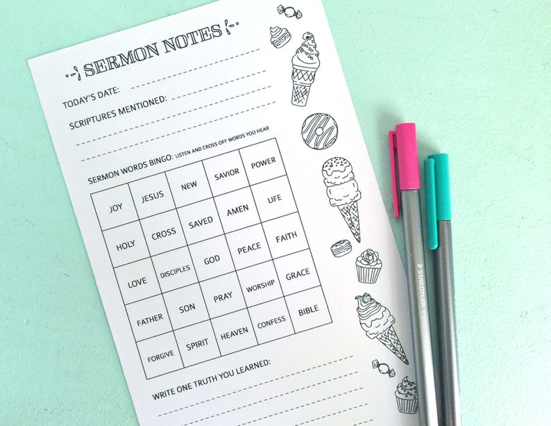 May include: A printable sermon notes page with a bingo game featuring religious words like "joy", "love", "faith", and "grace". The page is decorated with ice cream cones and cupcakes.