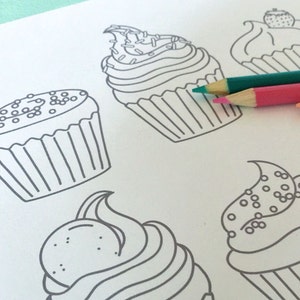 Printable CUPCAKES Coloring Page Digital File Instant Download sweets, treats, toppings, frosting, sprinkles, birthday image 2