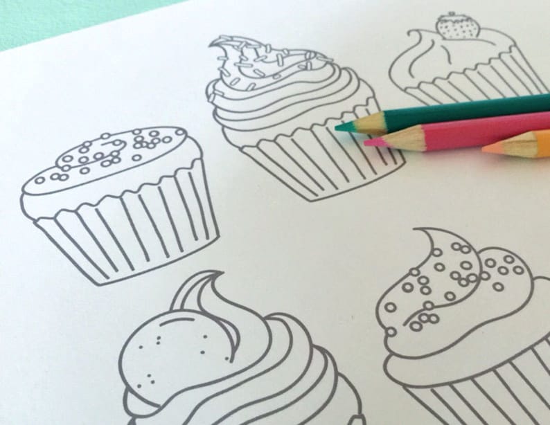 Printable CUPCAKES Coloring Page Digital File Instant Download sweets, treats, toppings, frosting, sprinkles, birthday image 2