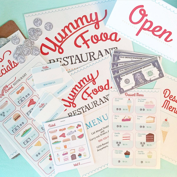 Pretend Play RESTAURANT SET Printables- Instant PDF Download- menus, tickets, signs, name tags