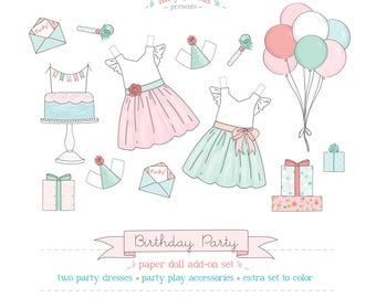 Printable BIRTHDAY PARTY add-on set - PDF instant download - paper dolls, clothes, birthday girl, cake, balloons, colorable, coloring page