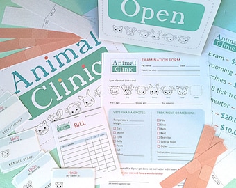 Pretend Play ANIMAL CLINIC Printables- Instant PDF Download- examination forms, bandages, signs, name tags, vet