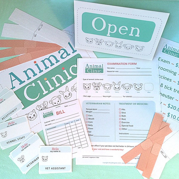 Pretend Play ANIMAL CLINIC Printables- Instant PDF Download- examination forms, bandages, signs, name tags, vet