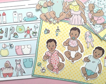 Printable BABIES Play Set (darker skin)-PDF instant download- pretend play, stickers, collage, paper toys, paper craft, paper dolls