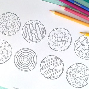 Druckbare DONUTS Malseite - Digitale Datei - Instant Download Süßigkeiten, Leckereien, Donut, Toppings, Zuckerguss, Streuseln