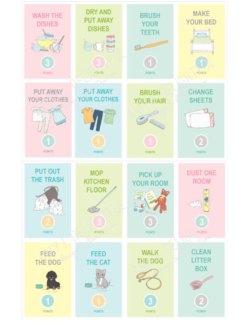 Childrens Printable Chore Cards With Points Digital File Etsy