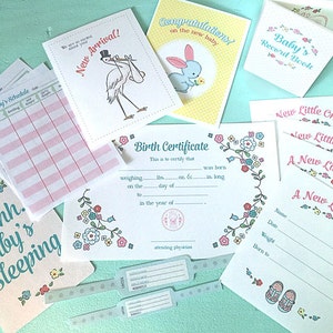Pretend Play BRINGING HOME BABY Printables- Instant Pdf Download- kleine Mama, Puppen, Tagebuch, Fütterungstabelle, Geburtsurkunde, Karten