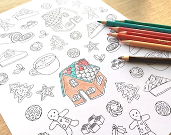 May include: A coloring page featuring gingerbread houses, cookies, and other holiday treats. Colored pencils in shades of green, red, and brown are placed on the page. The gingerbread house is colored in shades of brown, blue, and red.