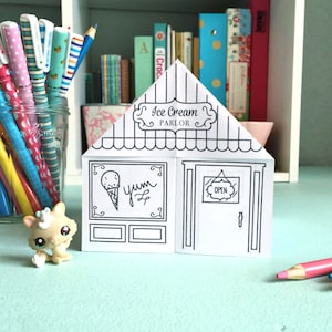 Printable Origami Ice Cream Parlor to COLOR!- Digital File- Instant Download- paper craft, paper town, coloring page