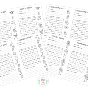 May include: A set of printable sermon note pages for kids. Each page features a different design with a bug, ice cream cone, robot, or cat. The pages include sections for the date, scriptures mentioned, sermon words bingo, and a space to write one truth learned.