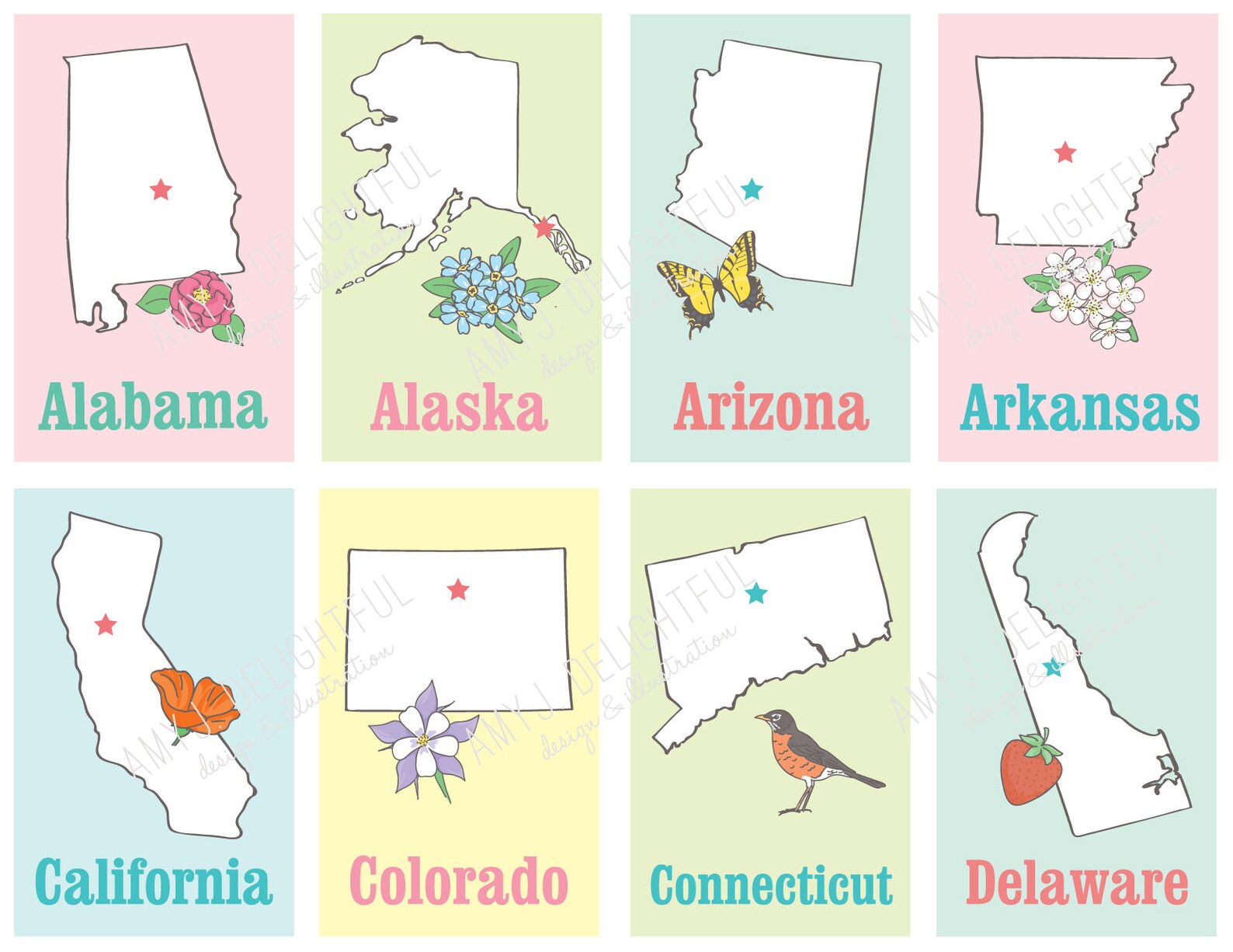 Printable STATES Flashcards Digital File Instant Download State Symbols ...