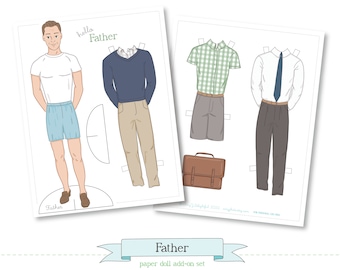 Printable FATHER add-on set - PDF instant download - Dad paper doll, clothes, shirt and tie, sweater, work clothes, 1950s light skin