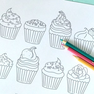 Printable CUPCAKES Coloring Page Digital File Instant Download sweets, treats, toppings, frosting, sprinkles, birthday image 1