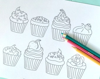 Printable CUPCAKES Coloring Page- Digital File- Instant Download sweets, treats, toppings, frosting, sprinkles, birthday