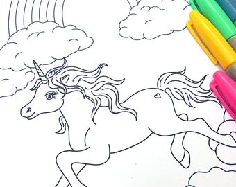 Printable Unicorn Coloring Page- Digital File- Instant Download rainbow, clouds, magical, pegasus, little girl, party favor, activity