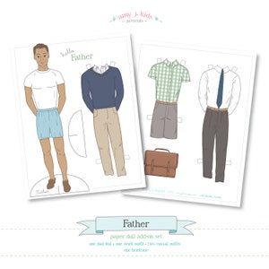 Printable FATHER add-on set - PDF instant download - Dad paper doll, clothes, shirt and tie, sweater, work clothes, 1950s brown skin