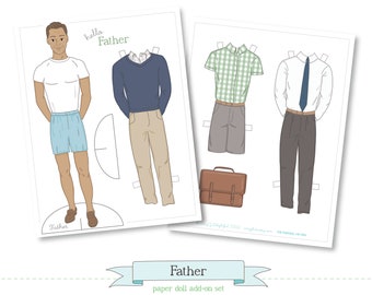 Printable FATHER add-on set - PDF instant download - Dad paper doll, clothes, shirt and tie, sweater, work clothes, 1950s brown skin