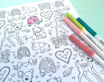 Printable LOVE CRITTERS Valentine's Day Coloring Page- Digital File- Instant Download fawn, elephant, hearts, turtle, butterfly