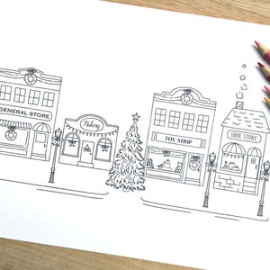 Kolorowanka BOŻE NARODZENIE na Main Street TOWN do wydrukowania — plik cyfrowy — natychmiastowe pobranie — sklepy świąteczne, centrum miasta, witryny sklepowe, budynki