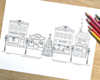 Printable CHRISTMAS on Main Street TOWN Coloring Page- Digital File- Instant Download- Holiday stores, downtown, storefronts, buildings