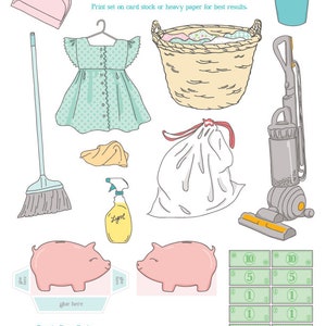 May include: A printable paper doll add-on set for chore time. The set includes a dress, laundry basket, vacuum cleaner, broom, dustpan, bin bag, cleaning spray, and two piggy banks. The set also includes play money in denominations of £1, £5, and £10.
