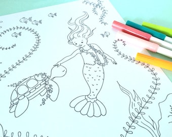 Printable MERMAID & SEA TURTLE Coloring Page- Digital File- Instant Download ocean, sea life, underwater