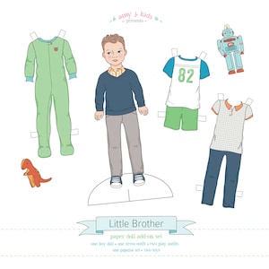 Printable LITTLE BROTHER add-on set - PDF instant download - boy paper doll, clothes, toys, colorable, coloring page, light skin