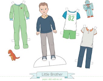 Printable LITTLE BROTHER add-on set - PDF instant download - boy paper doll, clothes, toys, colorable, coloring page, light skin