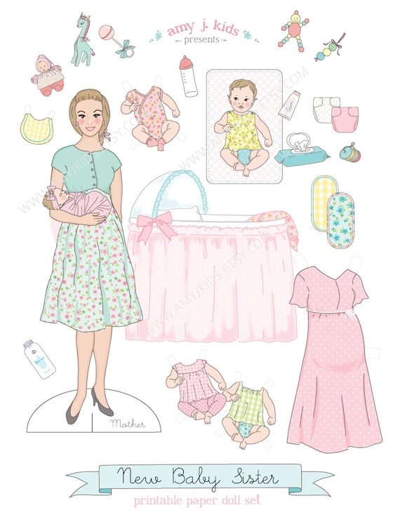 Printable New Baby Sister Paper Doll Play Set Pdf Instant Download Newborn,  Mom, Mother, Family, Bassinet, Pregnant, Expecting, Hand Drawn 