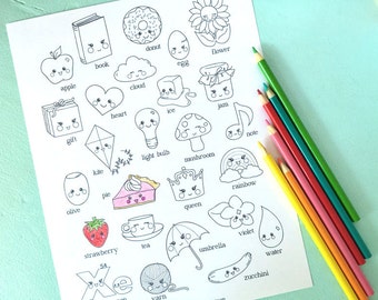 May include: A black and white printable coloring page featuring 26 different objects, each with a cute cartoon face. The objects are arranged in a grid pattern and include a donut, book, apple, cloud, heart, ice, egg, flower, jam, note, light bulb, mushroom, kite, olive, pie, queen, rainbow, strawberry, tea, umbrella, violet, water, zucchini, and yarn.