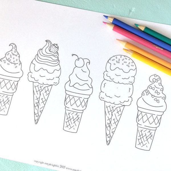 Printable ICE CREAM CONES Coloring Page- Digital File- Instant sweets, treats, summer treat, whipped cream, cherry, toppings