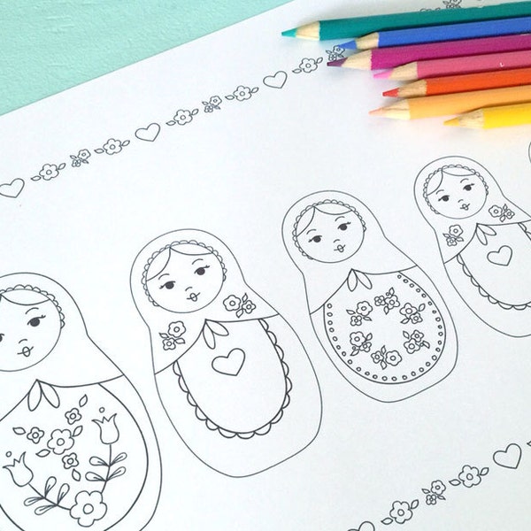 Printable Russian NESTING DOLLS Coloring Page- Digital File- Instant Download matryoshka dolls, folk art, kitsch