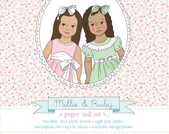 Millie & Ruby Printable Paper Dolls - PDF instant download - medium skin and straight hair , dark skin and curly hair, COLORABLE CLOTHES