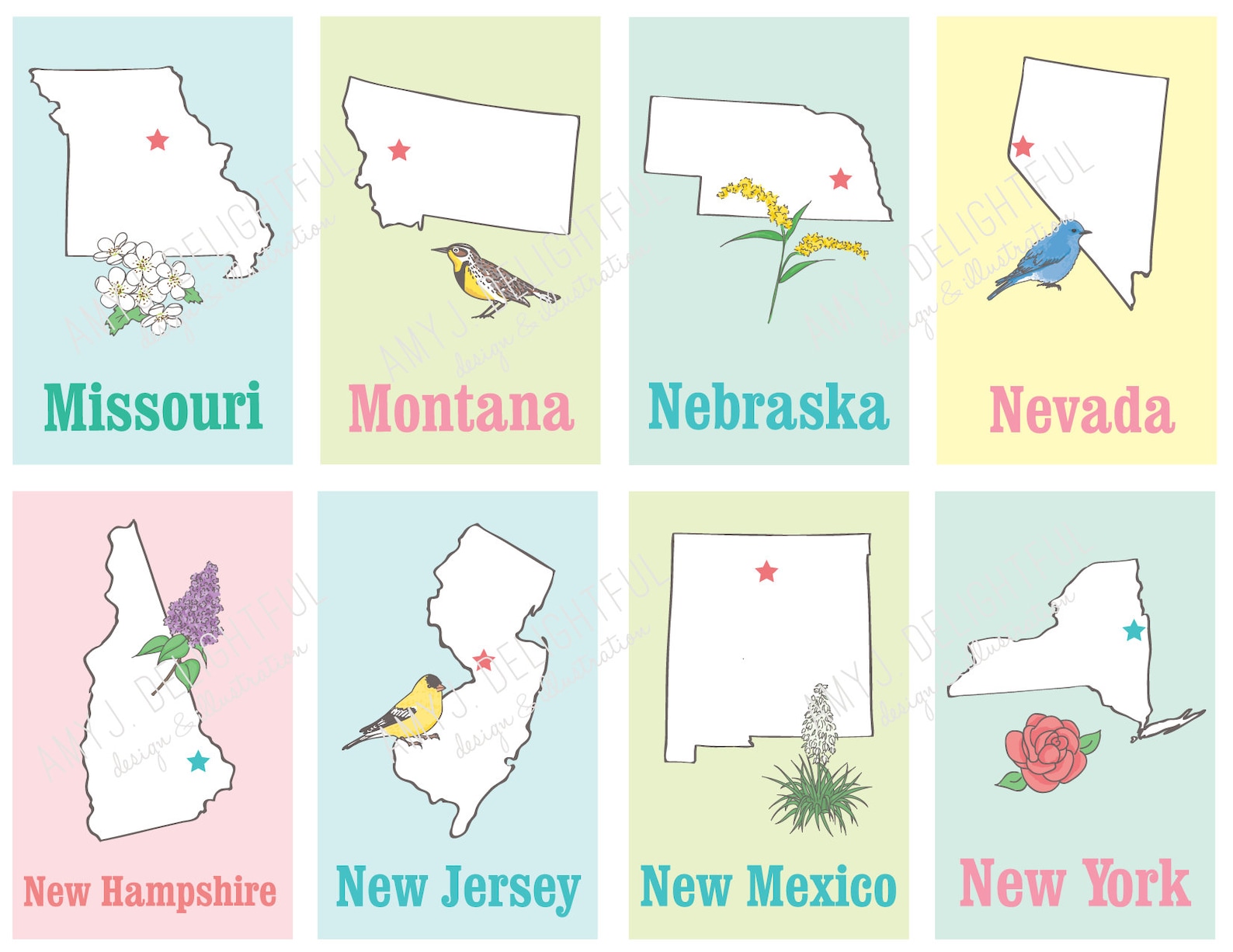 Printable STATES Flashcards Digital File Instant Download State Symbols ...