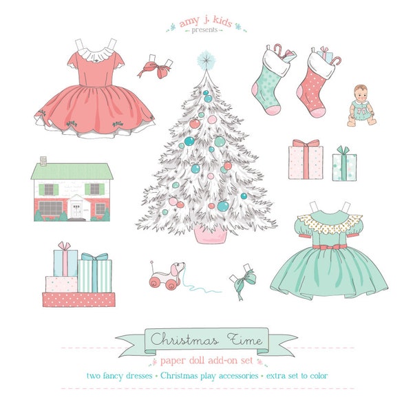 Printable CHRISTMAS TIME add-on set - PDF instant download - paper dolls, clothes, christmas tree, gifts, presents, colorable, coloring page
